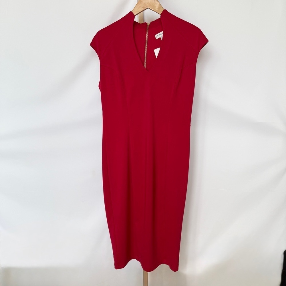 NWT!! Neiman Marcus Women's Red V-Neck Cap Sleeve Midi Dress Size L Gold Zipper